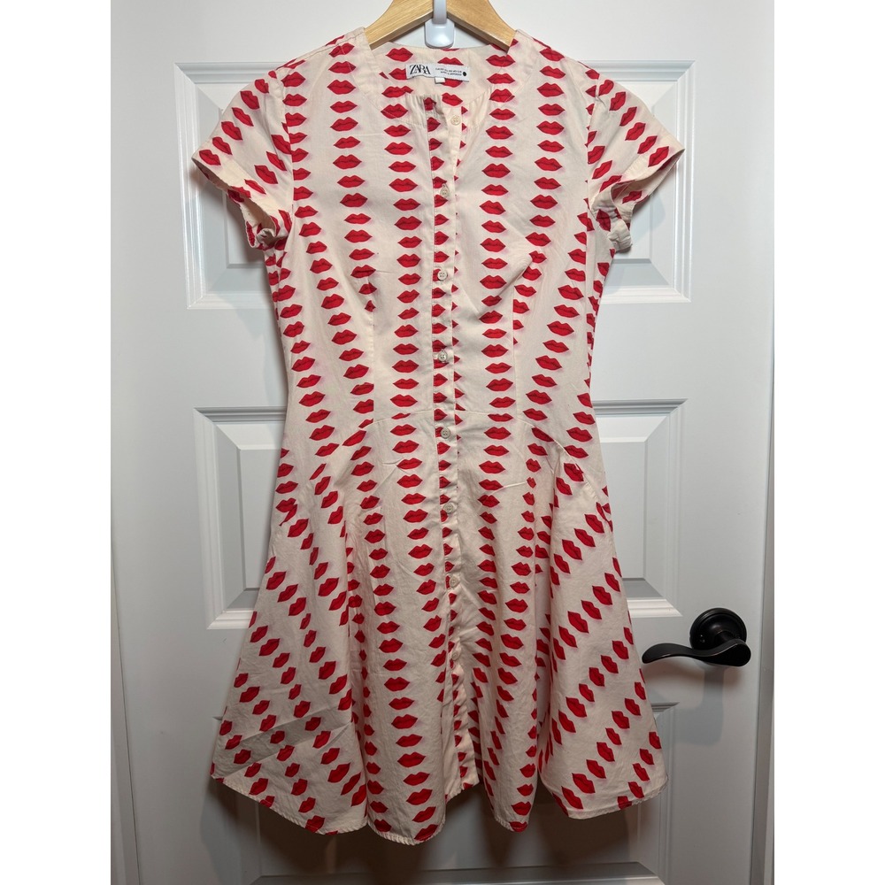Zara Red Lip Print Button Down Fit and Flare Mini Dress with Pockets XS